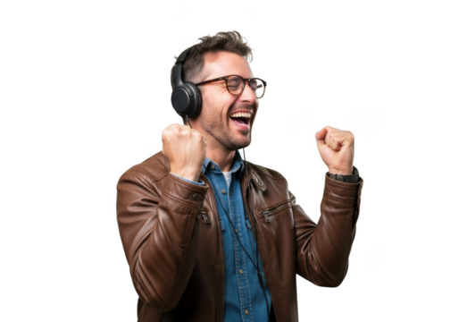 Joyful middle aged man with headphones and glasses celebrating with clenched fists raised in triumph isolated on transparent background