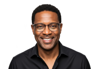 A smiling black man wearing glasses and a black collared shirt looking directly at the viewer isolated on transparent background