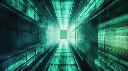 Futuristic data tunnel glowing green light and abstract architecture
