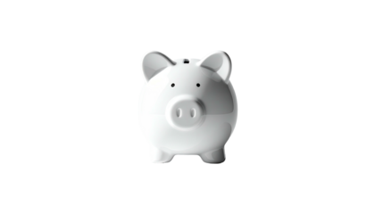 A glossy white piggy bank sits centered on a black background