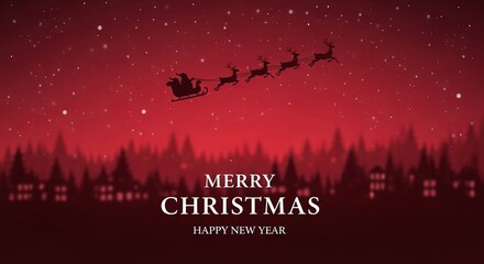 Christmas night scene with Santa Claus in his sleigh flying over a town with a red sky.