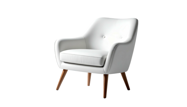 Modern, white armchair sits against a stark black background