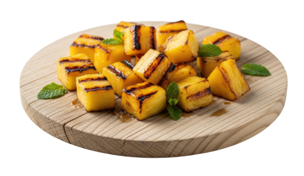 Grilled pineapple slices with mint on a wooden board transparent background cutout png