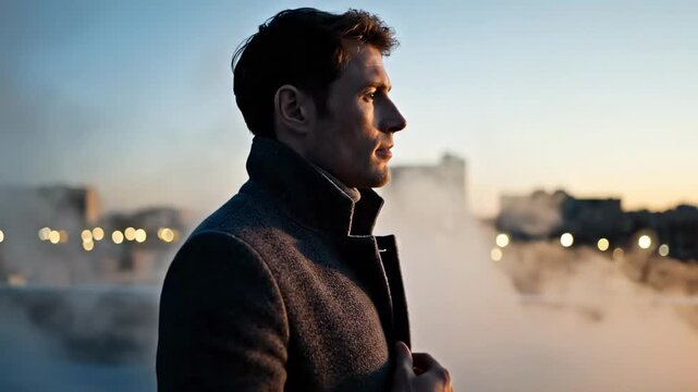 extremely handsome man - A contemplative man stands against a foggy city backdrop during twilight, wearing a stylish coat and gazing thoughtfully into the distance