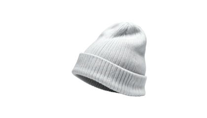 White, ribbed knit beanie hat angled on a black background