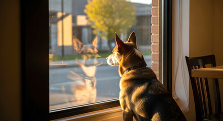 Dog Sitting by Window Looking Outside at Sunset