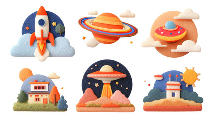 Futuristic Paper Cut Illustrations of Space Exploration Objects on Isolated Background