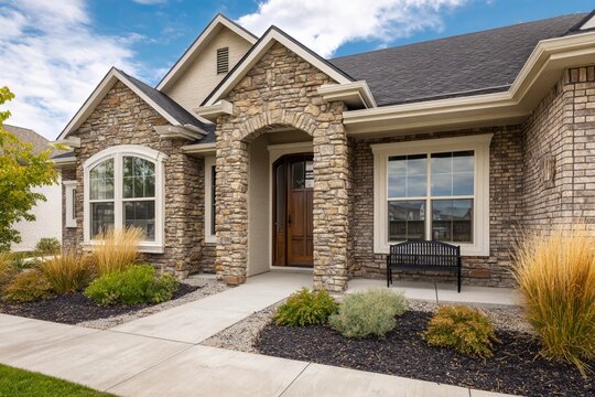  Luxurious stone and brick exterior home entrance with manicured landscaping and welcoming front porch - Powered by Adobe