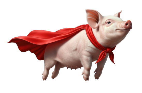 Superhero pig with red cape transparent background cutout png