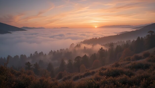 "Panoramic foggy landscape at dawn revealing serene mountain peaks and peaceful valley scenery"