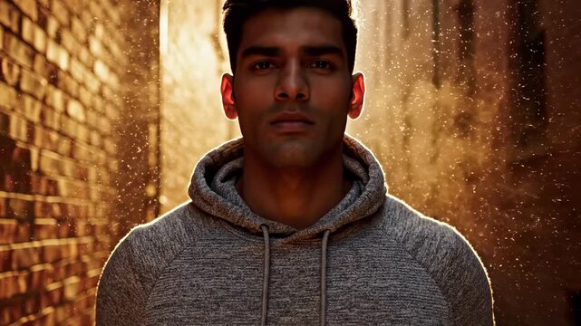 extremely handsome man - A young man stands in a narrow alleyway, wearing a gray hoodie and confidently pulling up the collar, with warm sunlight casting a golden glow around him