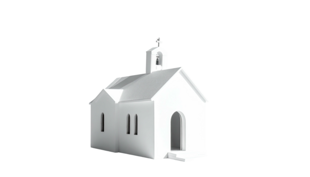 Simple white church miniature against a stark black background