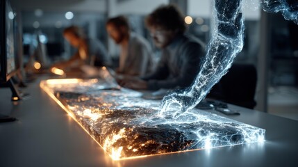 Futuristic digital hand interacts with glowing holographic data stream projecting global network in modern office with blurred team collaborating