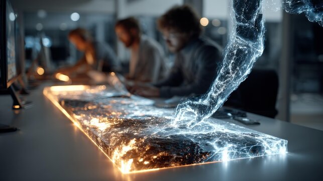 Futuristic digital hand interacts with glowing holographic data stream projecting global network in modern office with blurred team collaborating