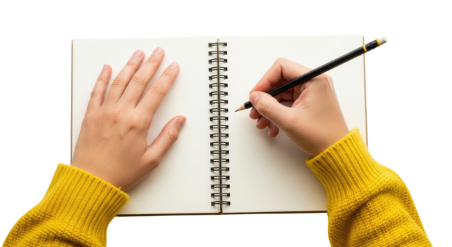Person writing in a notebook transparent background cutout png