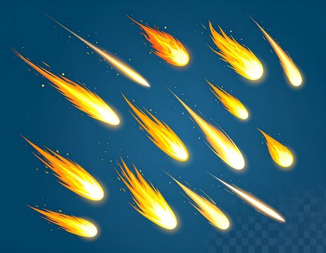 Collection of stylized fiery meteors, various sizes, and trails on a dark backdrop