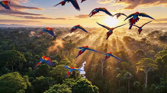 Amazon Rainforest Sunrise - Macaws Soaring Above the Canopy.