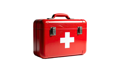 Red first aid kit, bright white cross, isolated on black
