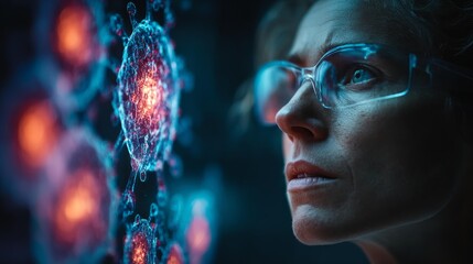 Scientist analyzing microscopic virus structure with protective eyewear in a laboratory setting, future of medicine