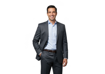 A smiling professional businessman in a dark suit and light blue shirt stands confidently with his hand in his pocket isolated on transparent background