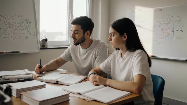 Two students engaged in collaborative study session at a bright workspace