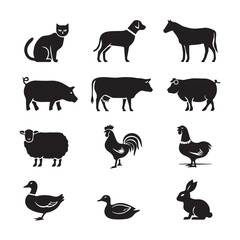 Domestic and Farm Animals Silhouettes of Pets, Livestock, and Poultry Icons.