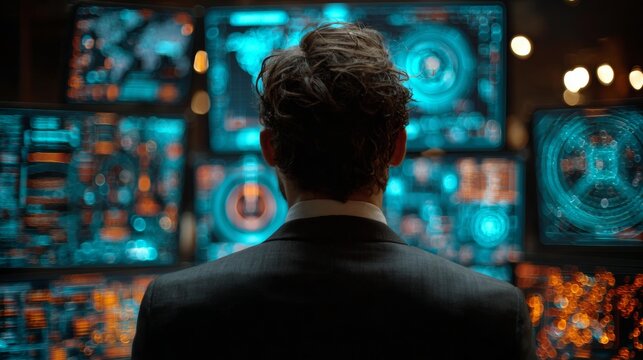 Professional in a suit observing data visualizations on multiple screens, analyzing information in a modern control room, strategic planning - Powered by Adobe