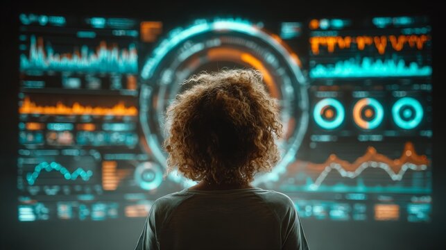Woman analyzing data visualization on futuristic screen, exploring complex charts and graphs in modern tech interface