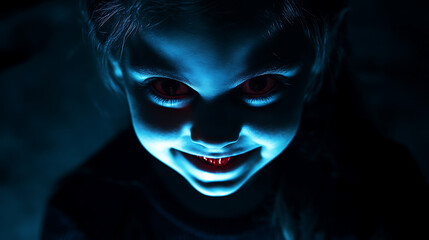 Close-up of a small girl at night with an evil smile, dramatically lit. 