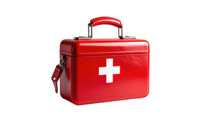 Glossy red first aid kit w/ white cross on black background