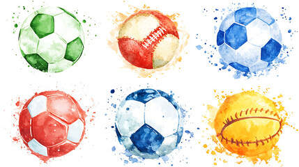 Watercolor ball sports design set.