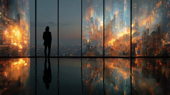 Silhouette of a professional contemplating city lights through a modern office window, envisioning success and future opportunities - Powered by Adobe