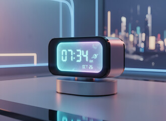 Digital Clock Displaying Time with Neon Glow, Urban Background
