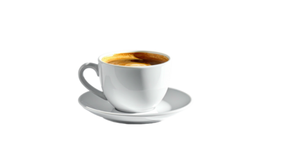 Coffee in white ceramic cup and saucer isolated on black