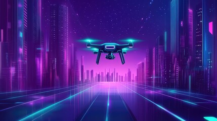 Drone flying over futuristic neon city at night