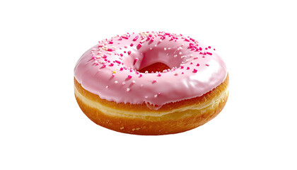 Pink frosted donut with sprinkles isolated on a black backdrop