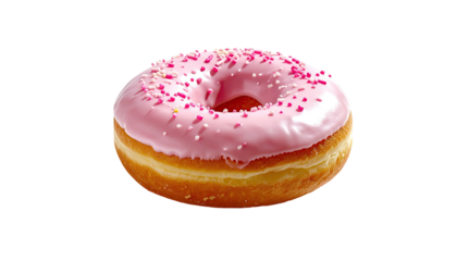 Pink frosted donut with sprinkles isolated on a black backdrop