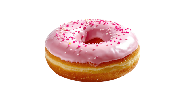 Pink frosted donut with sprinkles isolated on a black backdrop