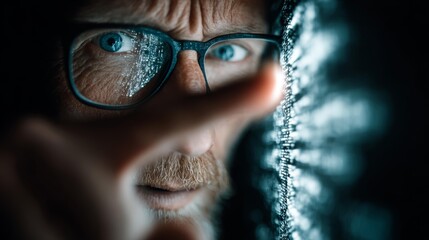 Intense cybersecurity expert analyzes code with focus, reflection in glasses, coding concept, data security, technology, digital transformation