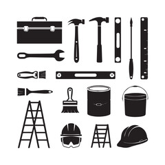 Essential Construction and DIY Tools Toolbox, Hammer, Paint, and Safety Gear. 