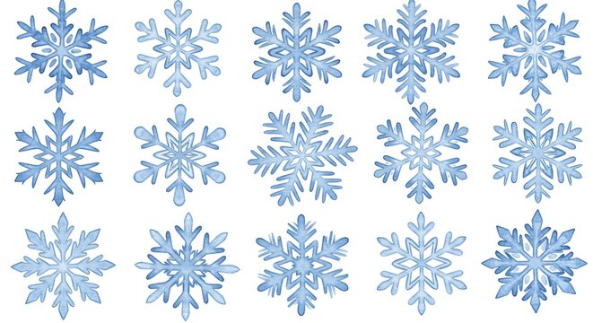 Collection of stylized, icy blue, watercolor snowflakes on a white background, winter theme