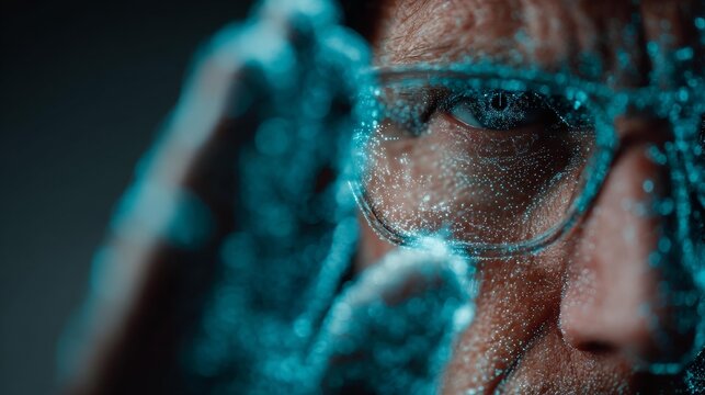 Intense man gazing through futuristic glasses with digital overlay, creating a sense of innovation and technology breakthrough, augmented reality