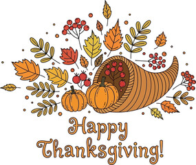 Happy Thanksgiving with Cornucopia, Pumpkins & Autumn Berries – Festive Fall Design for Greeting Cards, Social Media & Party Decor