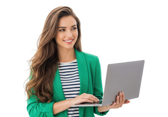 Fototapeta premium Smiling young woman holding and typing on a laptop computer wearing a green blazer and striped shirt isolated on transparent background