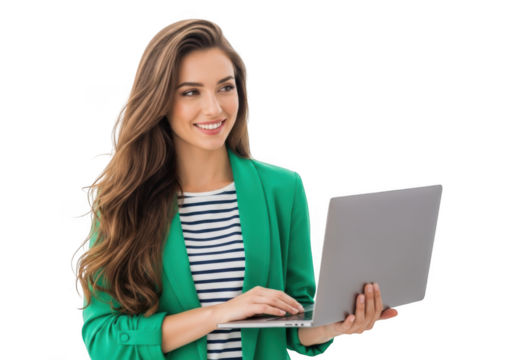 Smiling young woman holding and typing on a laptop computer wearing a green blazer and striped shirt isolated on transparent background