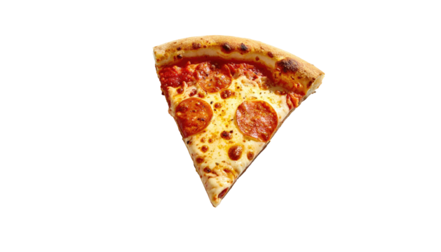 Pizza slice shows pepperoni, cheese, sauce on crust