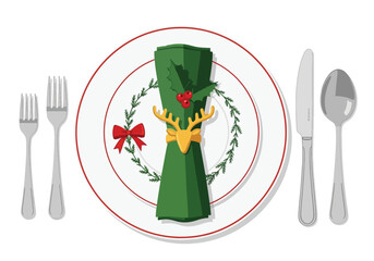 Festive Christmas table setting with a plate, cutlery, and a green napkin adorned with a reindeer and holly.
