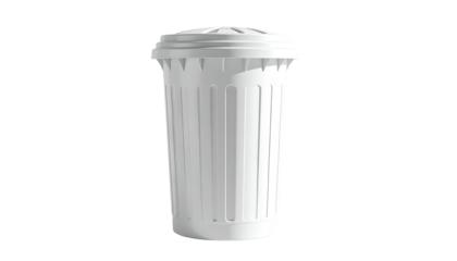 White wastebasket stands centered on a solid black background
