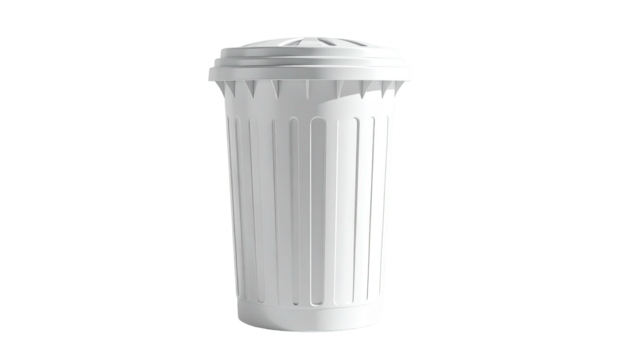White wastebasket stands centered on a solid black background