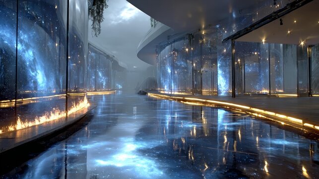Explore futuristic architecture with ethereal glow and starlight reflections, perfect for showcasing innovative designs and captivating atmospheres